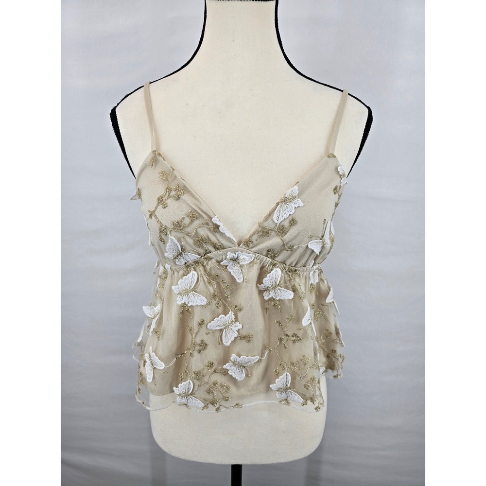 Thirty/Thi LA Butterfly Embroidered Mesh Camisole‎ Top Tan Gold White Small